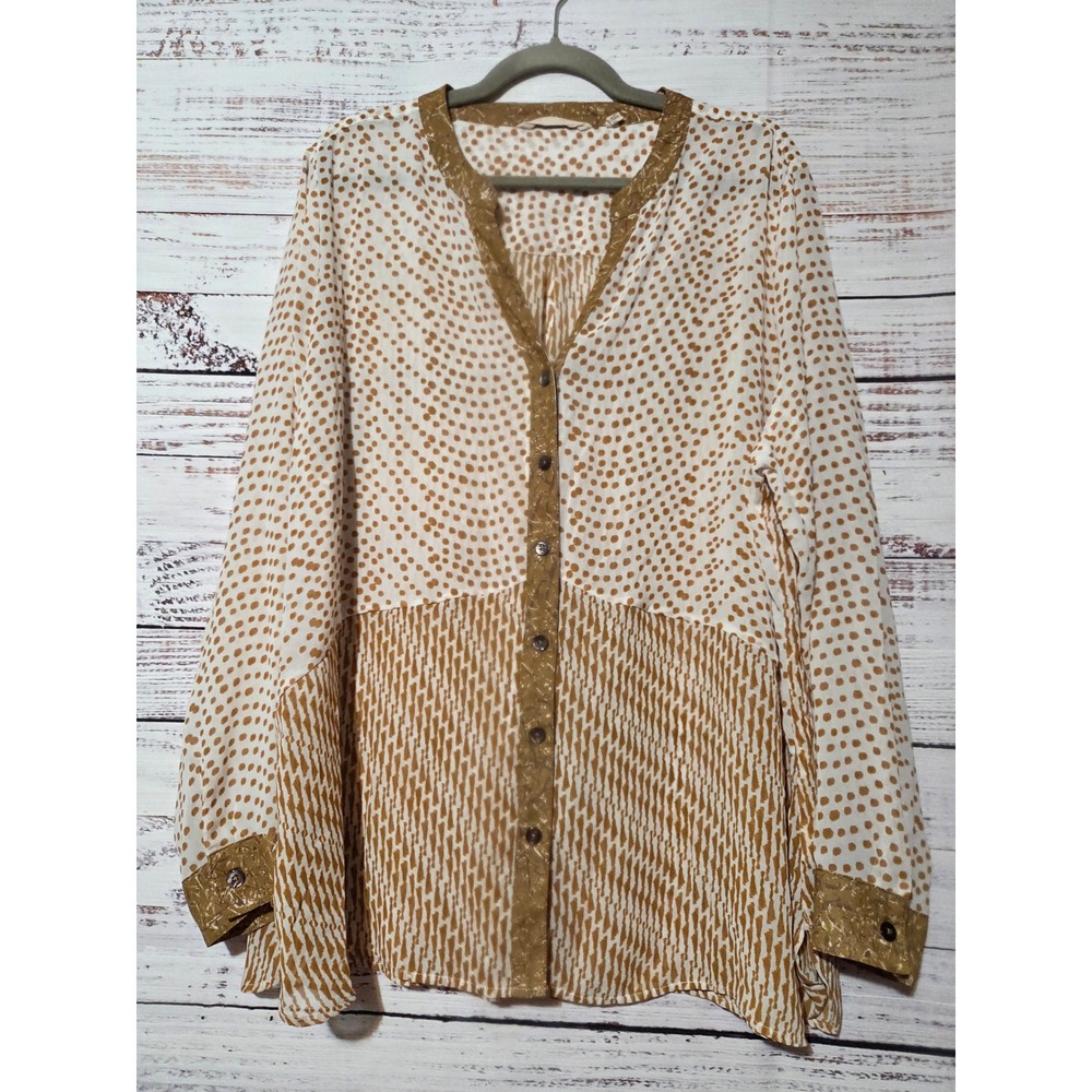 Soft Surroundings Womens 2X Mixed Print Chiffon Blouse Tan Polka Dot Semi Sheer